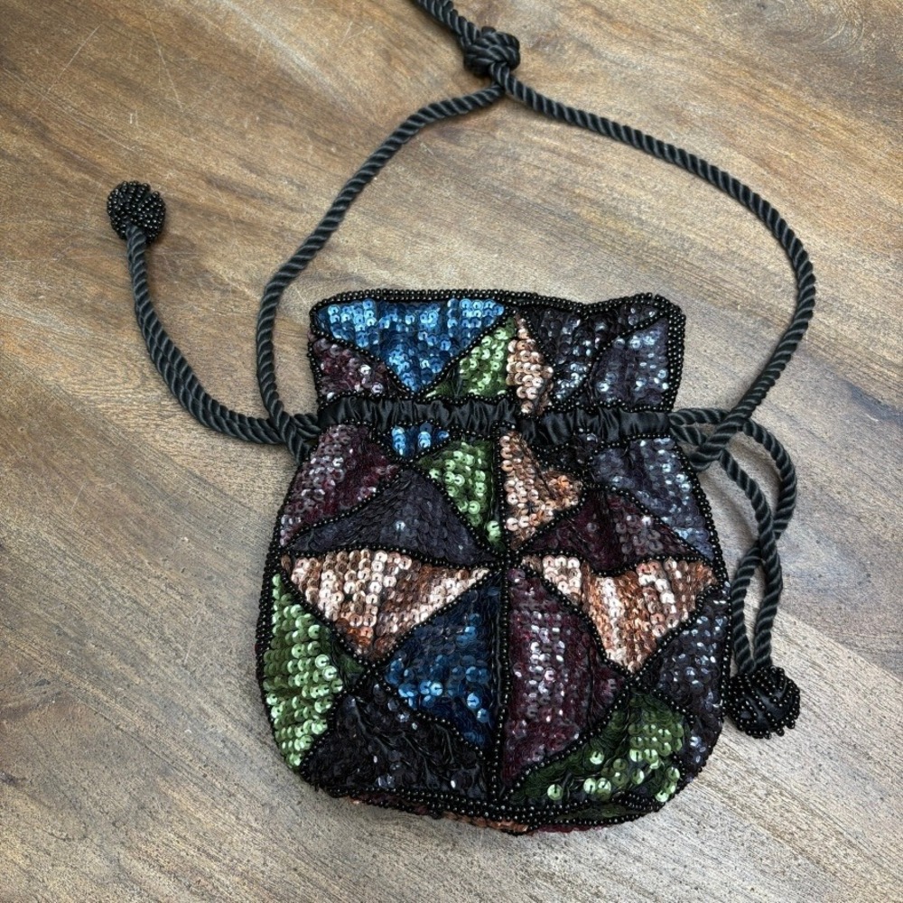Sequin Beaded Evening Bag Purse Black Party Cocktail Formal - Picture 6 of 11